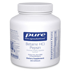 Pure Encapsulations Betaine HCl Pepsin bottle label highlights digestion support and purity.