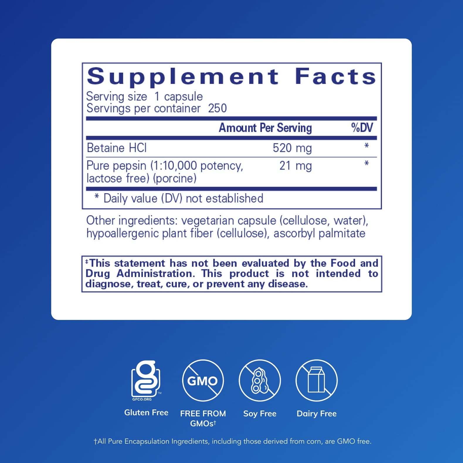 Betaine HCl Pepsin tablets close-up from Pure Encapsulations for improved digestive function.