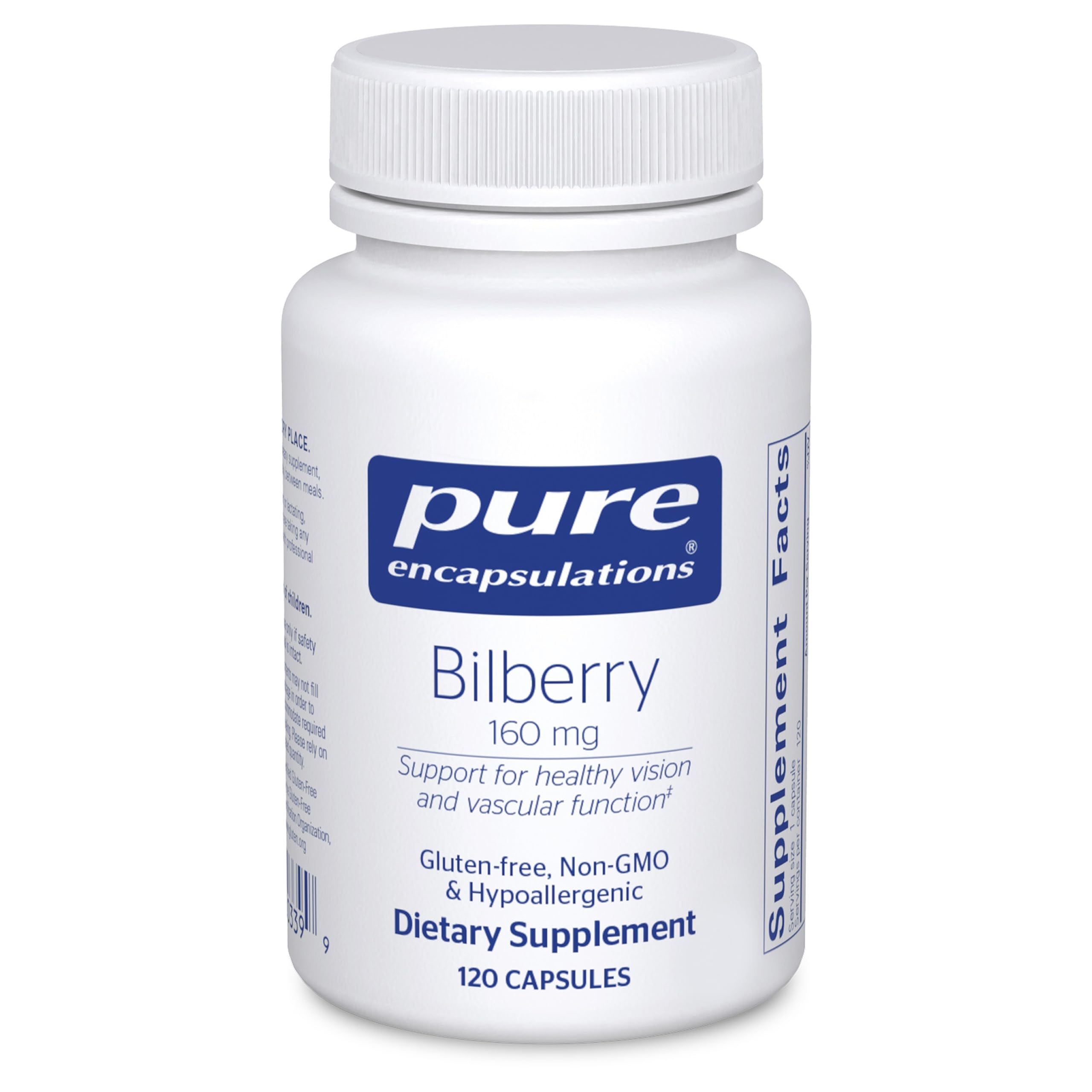 Pure Encapsulations Bilberry 160 mg bottle on a shelf for daily vision support