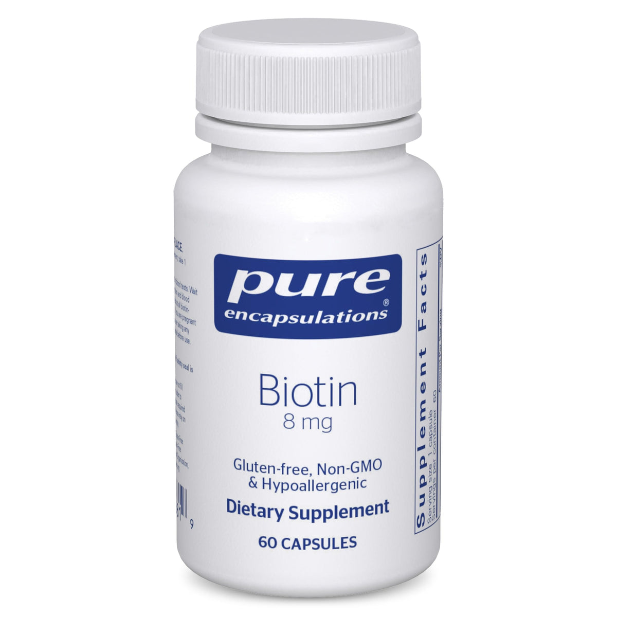 Pure Encapsulations Biotin 8 mg bottle front, highlighting premium, allergen-free formulation.