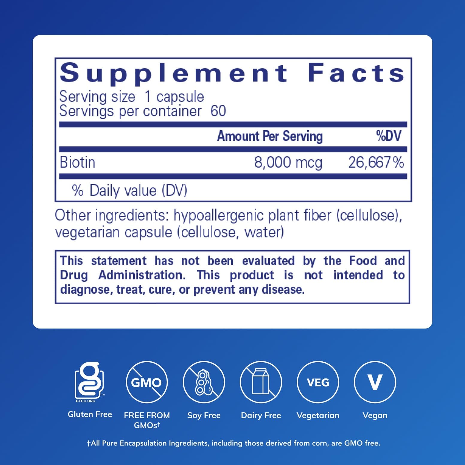 Pure Encapsulations Biotin 8 mg bottle side, clean label and trusted quality.