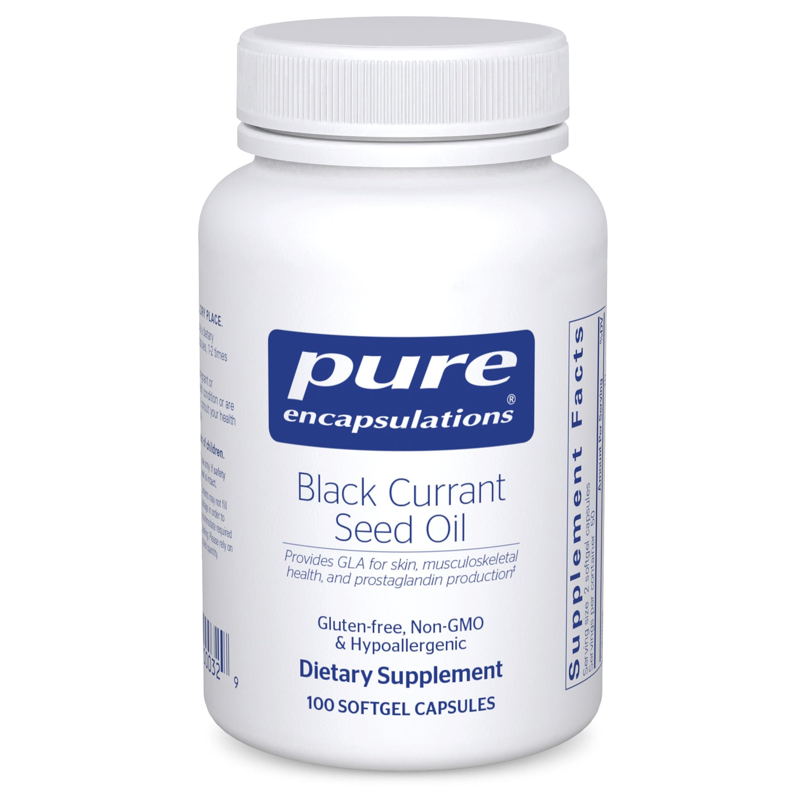 Pure Encapsulations Black Currant Seed Oil bottle showing premium hypoallergenic formula for joint comfort.