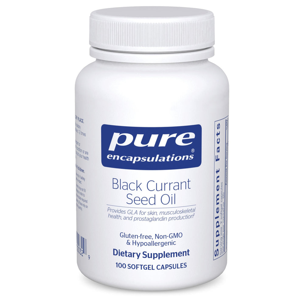 Pure Encapsulations Black Currant Seed Oil bottle showing premium hypoallergenic formula for joint comfort.
