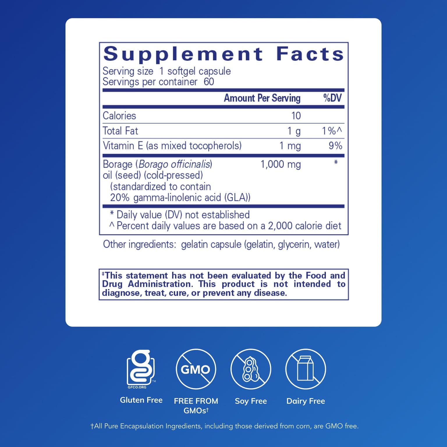 Closeup of Pure Encapsulations Borage Oil softgel capsules for joint comfort.