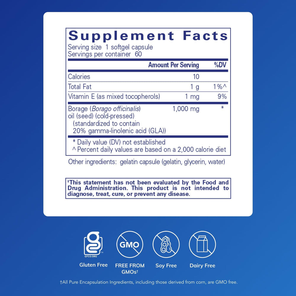 Closeup of Pure Encapsulations Borage Oil softgel capsules for joint comfort.