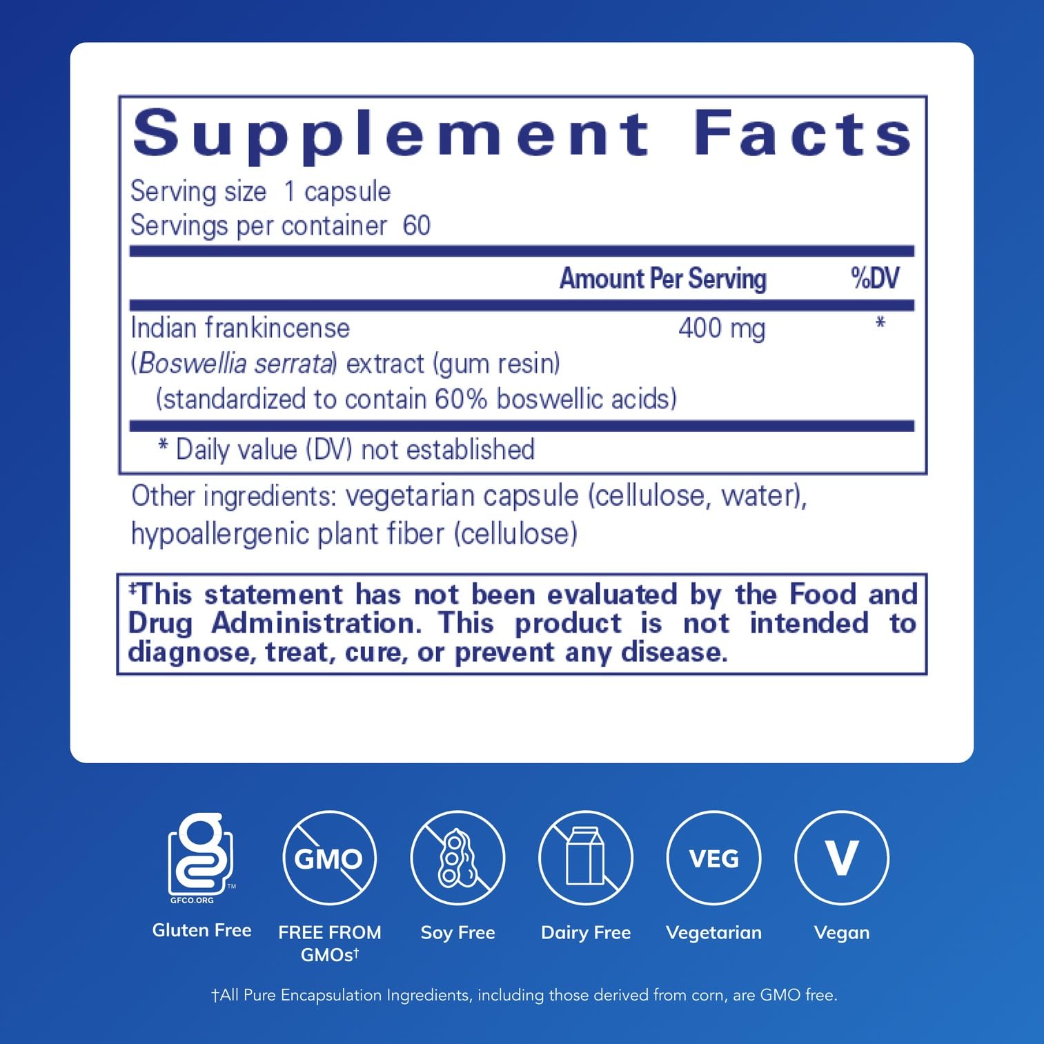 Pure Encapsulations Boswellia capsules close-up for daily GI and joint comfort.