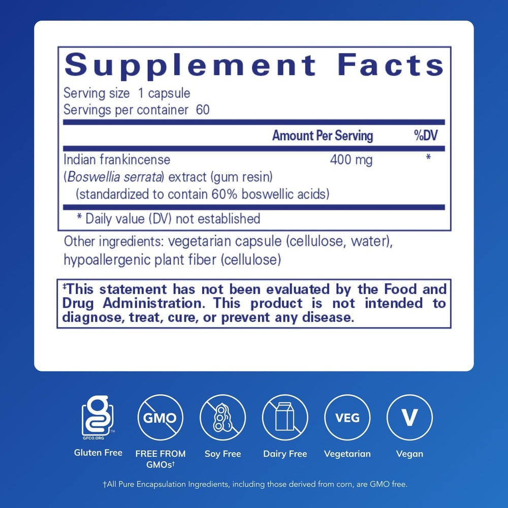 Pure Encapsulations Boswellia capsules close-up for daily GI and joint comfort.
