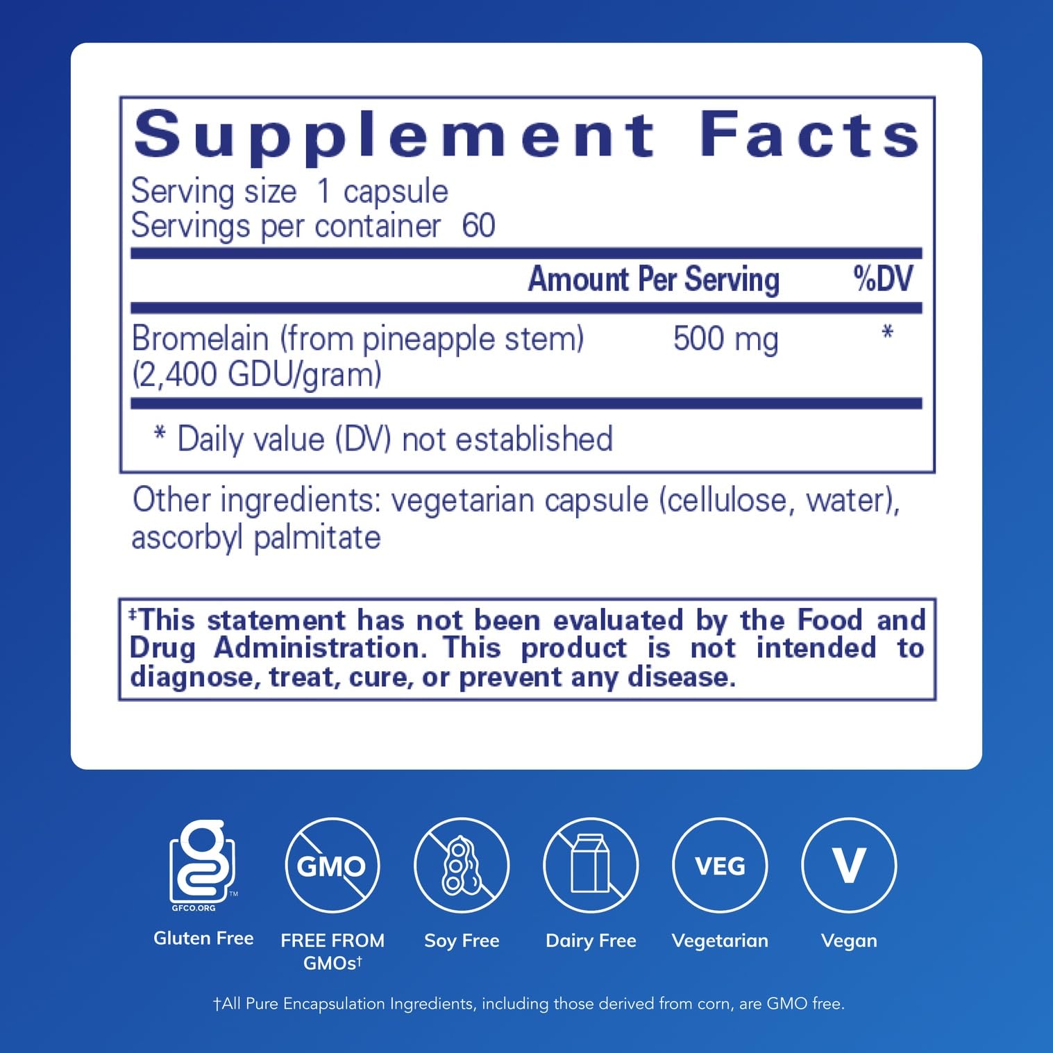 Pure Encapsulations Bromelain label graphic highlights vegan allergen conscious formula.
