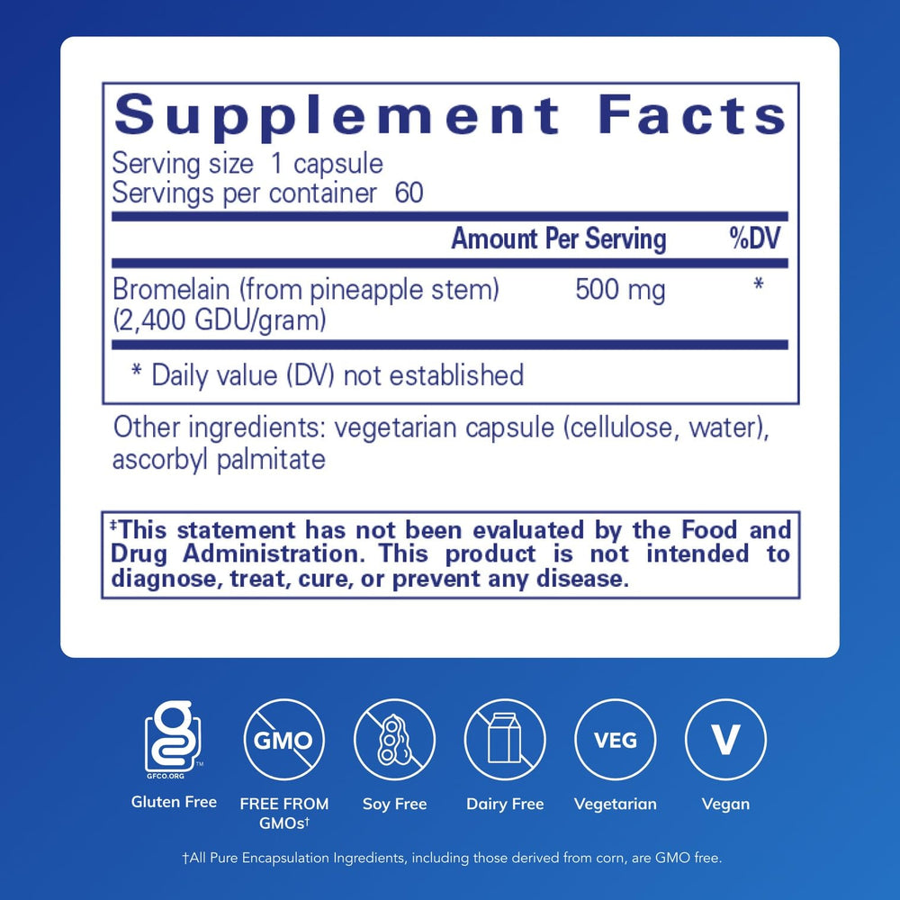 Pure Encapsulations Bromelain label graphic highlights vegan allergen conscious formula.