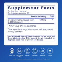 Pure Encapsulations Bromelain label graphic highlights vegan allergen conscious formula.