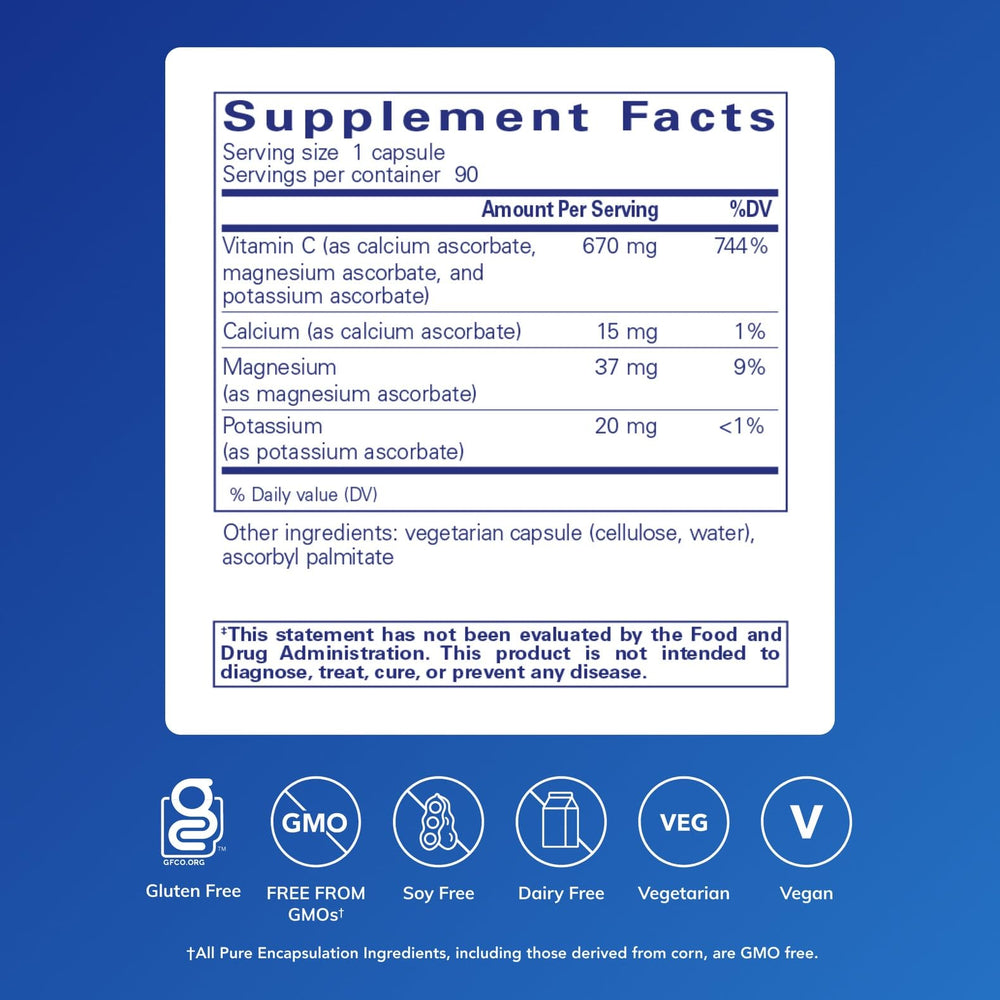 Close-up of Pure Encapsulations Buffered Ascorbic Acid capsules, gentle on stomach.
