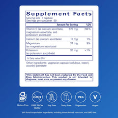 Close-up of Pure Encapsulations Buffered Ascorbic Acid capsules, gentle on stomach.
