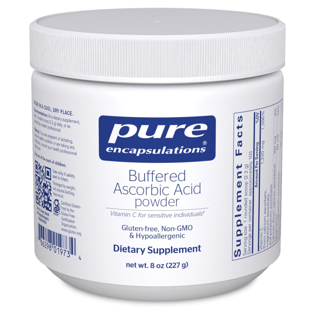 Pure Encapsulations Buffered Ascorbic Acid Powder bottle with neutral pH for sensitive individuals.