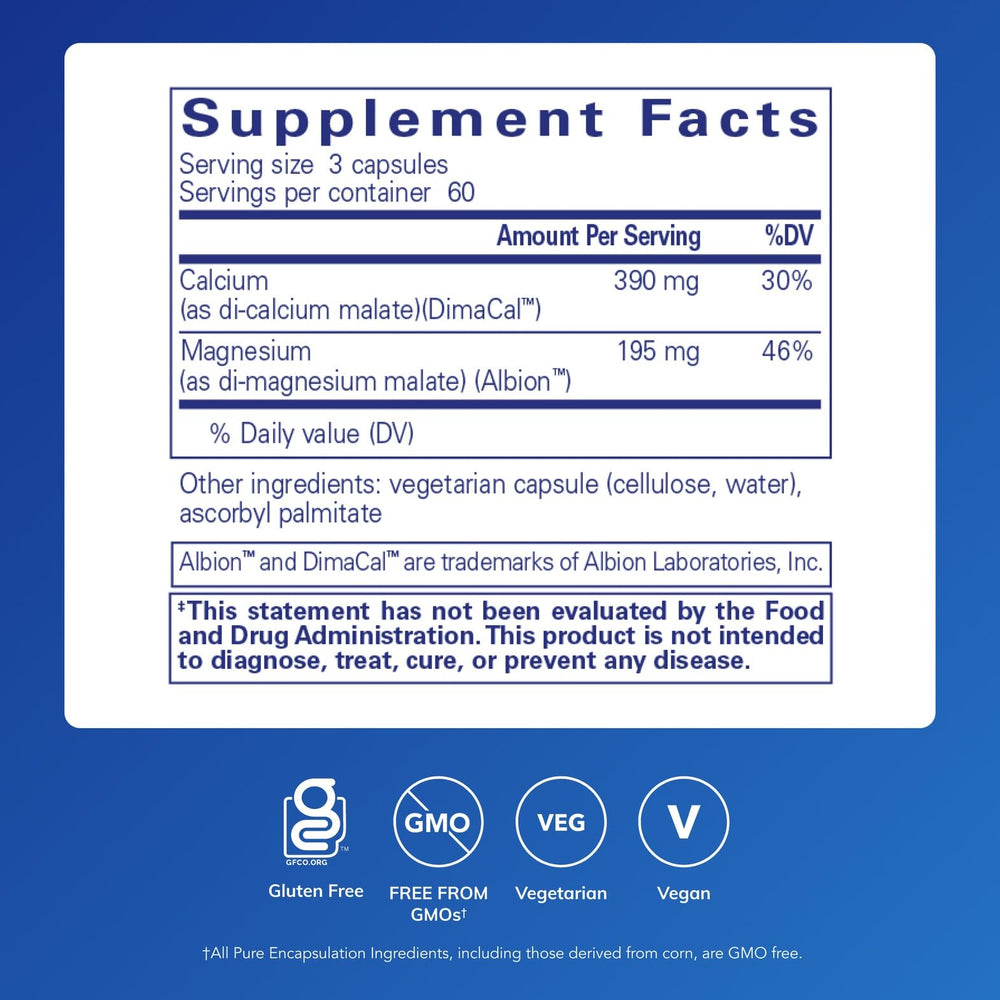 Cal/Mag Malate capsules close-up highlighting compact vegan capsules