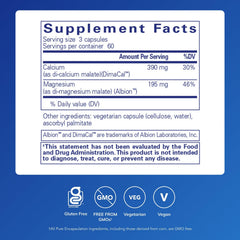 Cal/Mag Malate capsules close-up highlighting compact vegan capsules