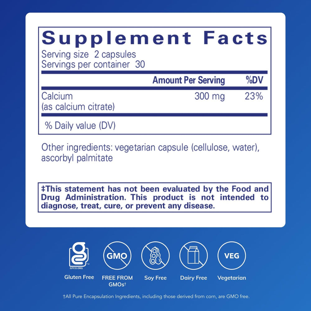 Pure Encapsulations Calcium Citrate label demonstrating premium formulation.