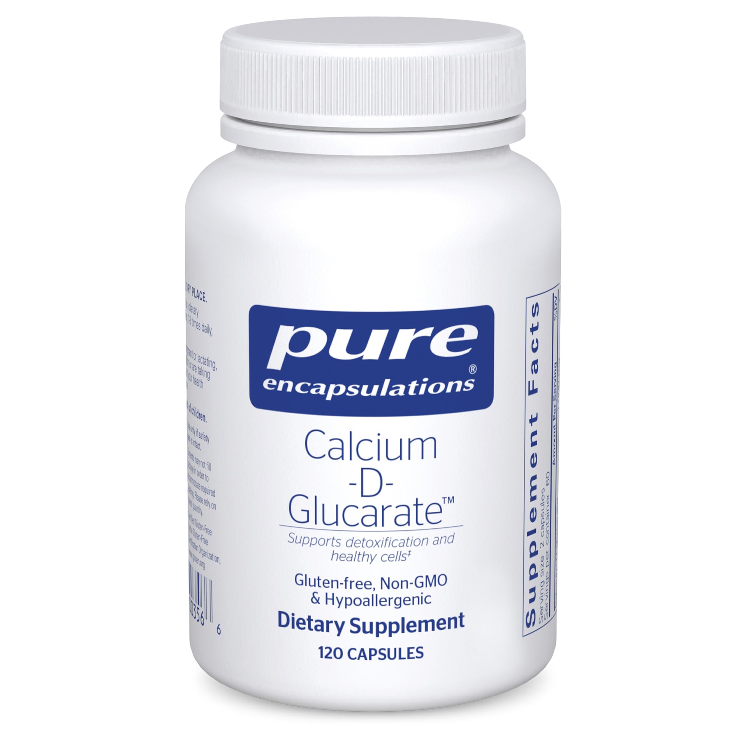 Pure Encapsulations Calcium-D-Glucarate bottle front showing pure formula for cellular support