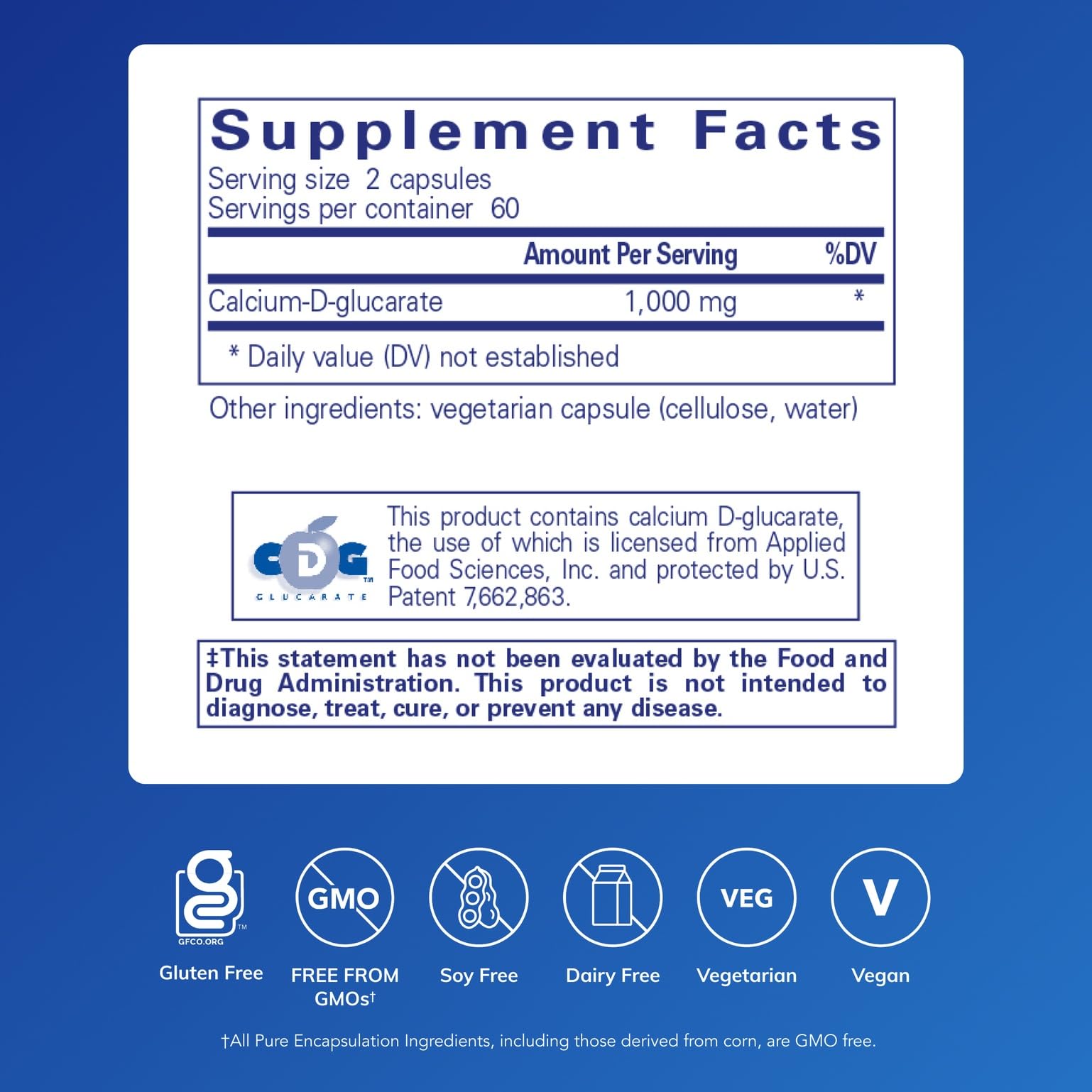 Pure Encapsulations Calcium-D-Glucarate label closeup highlighting purity and ingredients