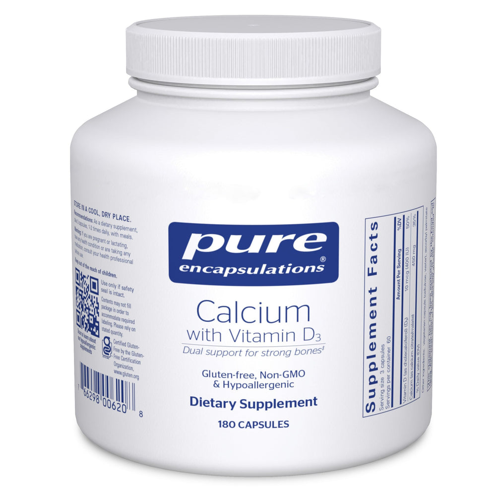 Pure Encapsulations Calcium with Vitamin D3 bottle pour for bone health support.