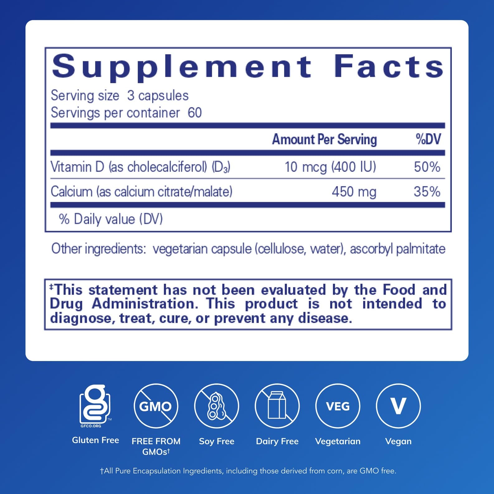 Pure Encapsulations Calcium with Vitamin D3 capsule closeup showing supplement form.