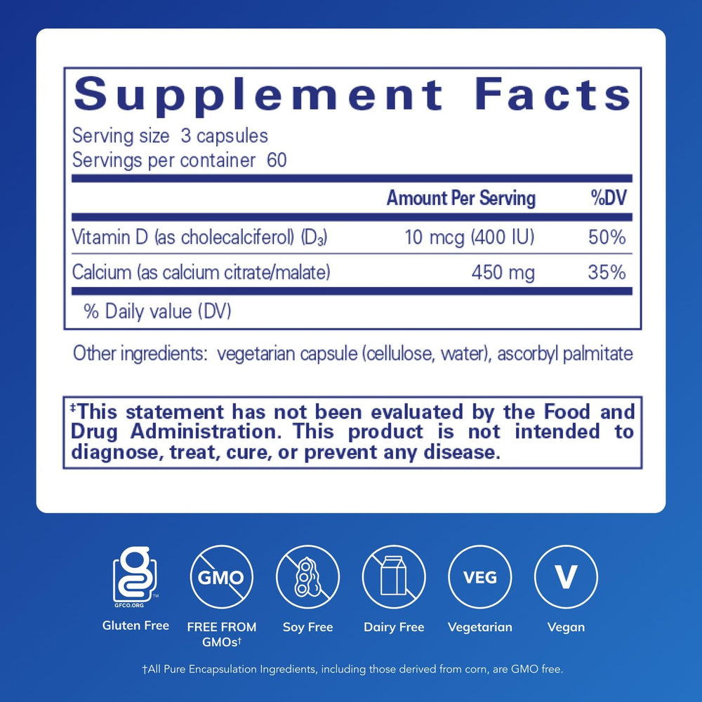 Pure Encapsulations Calcium with Vitamin D3 capsule closeup showing supplement form.