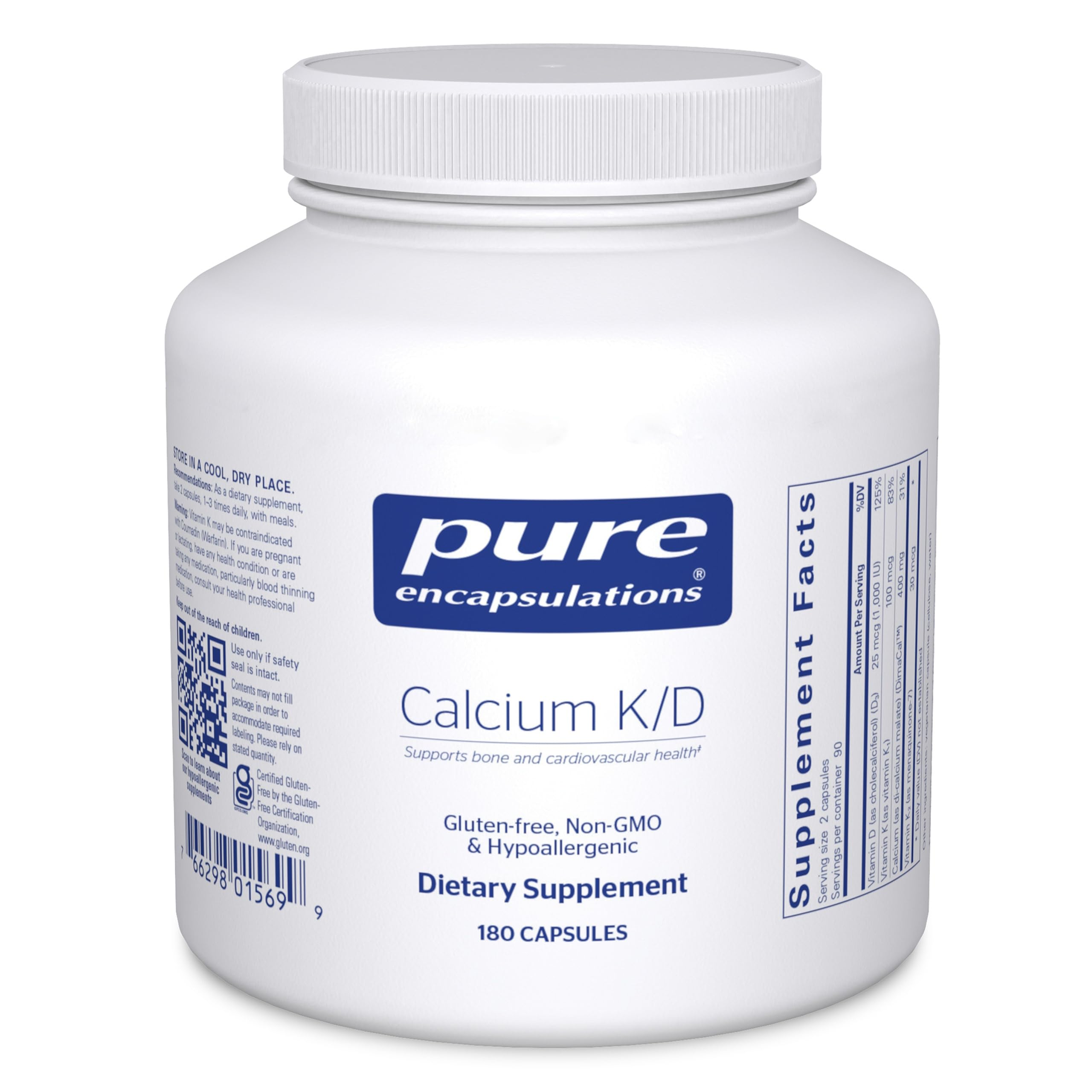 Pure Encapsulations Calcium K/D bottle front showing bottle size and purpose for bone health support