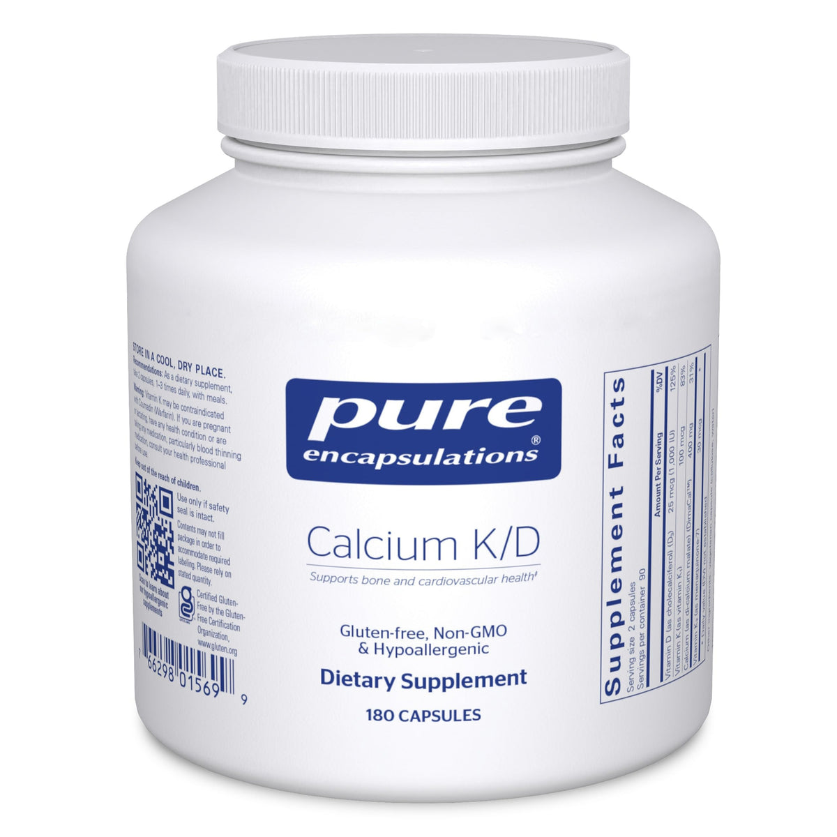 Pure Encapsulations Calcium K/D bottle front showing bottle size and purpose for bone health support