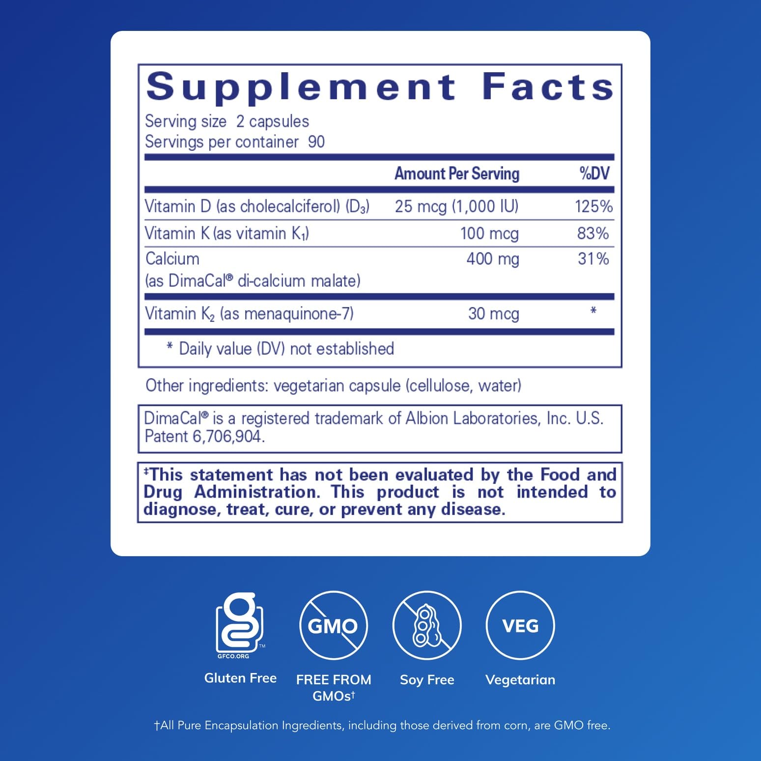 Pure Encapsulations Calcium K/D bottle label highlighting vitamins D and K for calcium metabolism