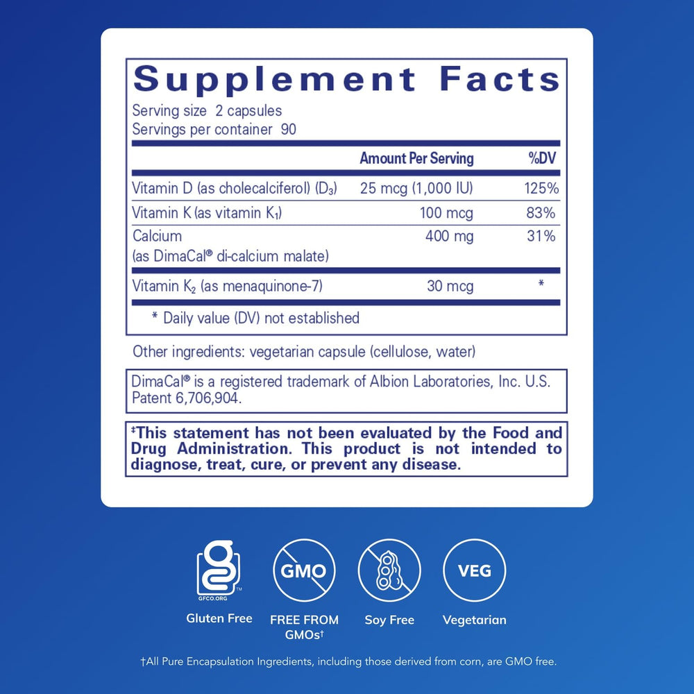Pure Encapsulations Calcium K/D bottle label highlighting vitamins D and K for calcium metabolism