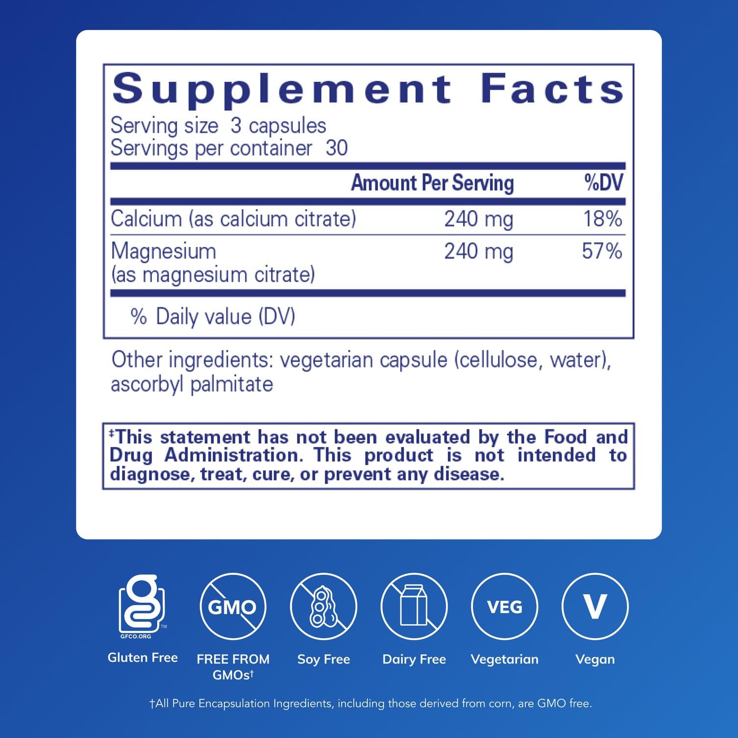 Pure Encapsulations Calcium Magnesium Citrate bottle label highlights non-GMO vegan supplement.