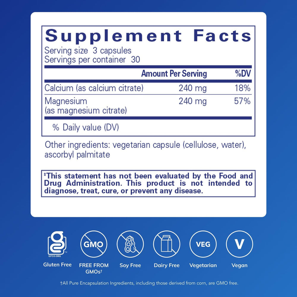 Pure Encapsulations Calcium Magnesium Citrate bottle label highlights non-GMO vegan supplement.