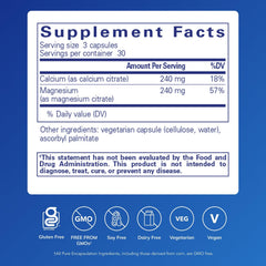 Pure Encapsulations Calcium Magnesium Citrate bottle label highlights non-GMO vegan supplement.