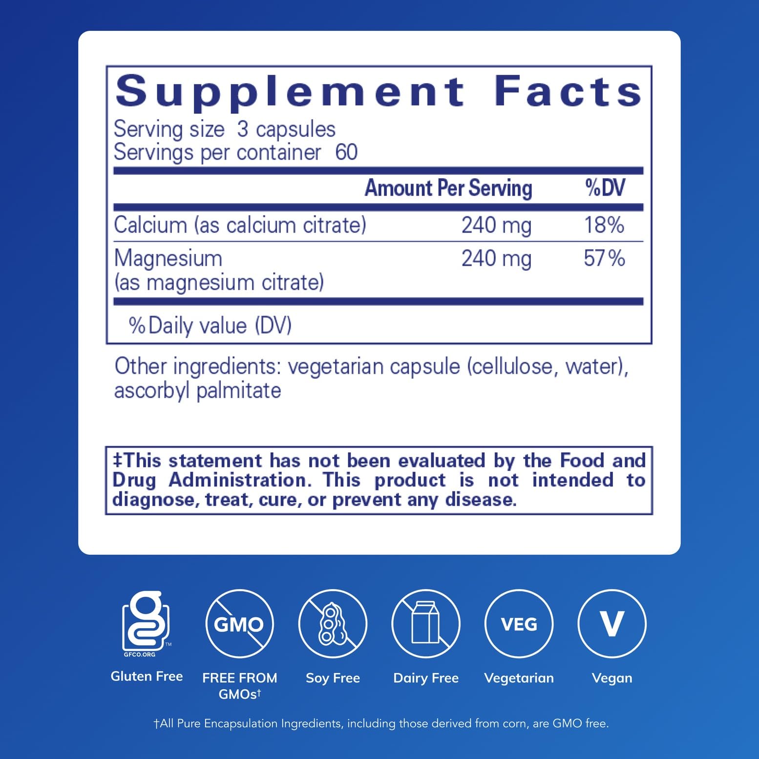 Pure Encapsulations Calcium Magnesium Citrate label closeup—absorption-focused formula
