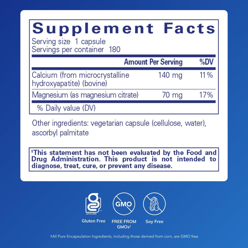 Close-up of Pure Encapsulations Calcium MCHA with Magnesium tablets for easy daily intake