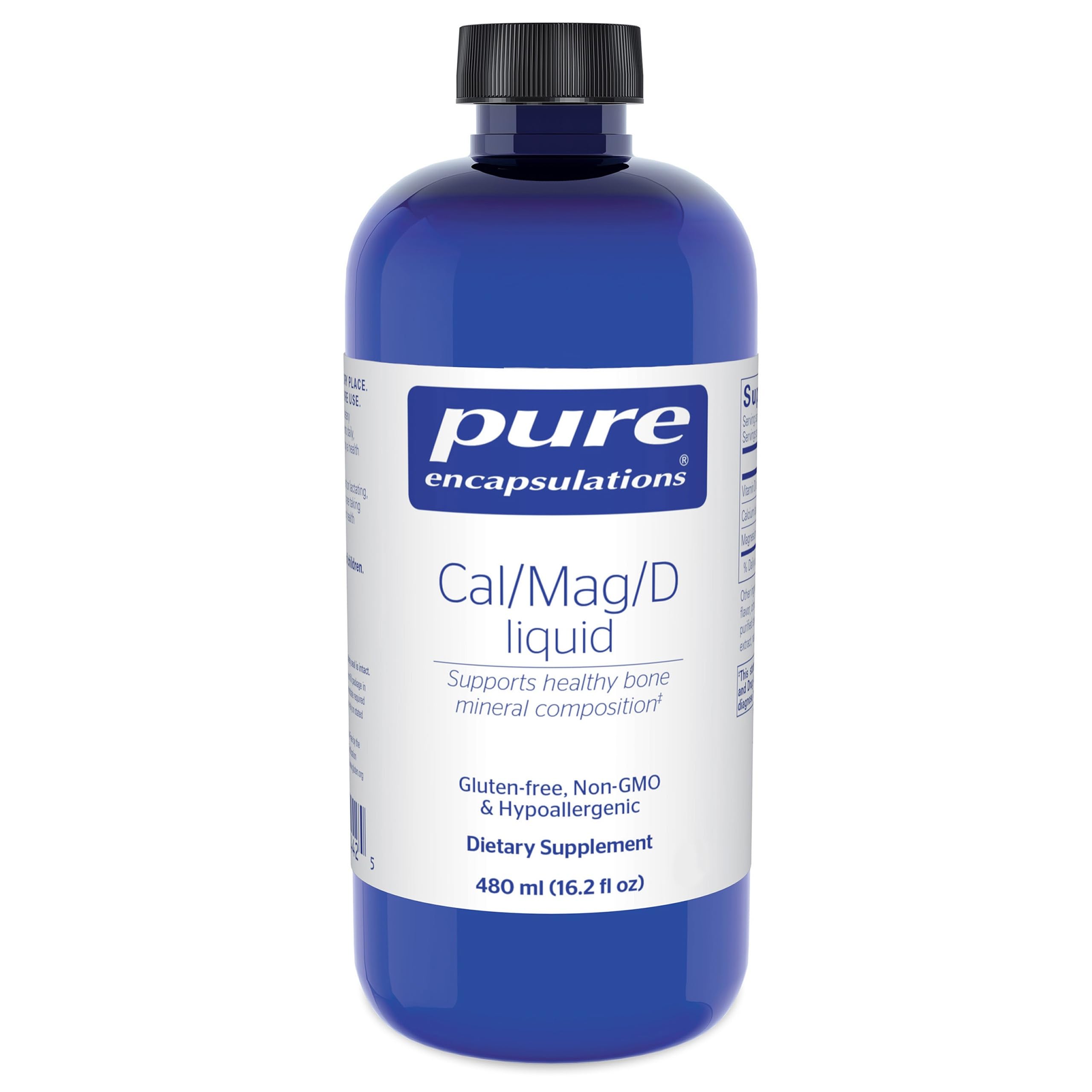 Pure Encapsulations Cal/Mag/D Liquid bottle front for easy daily calcium support.