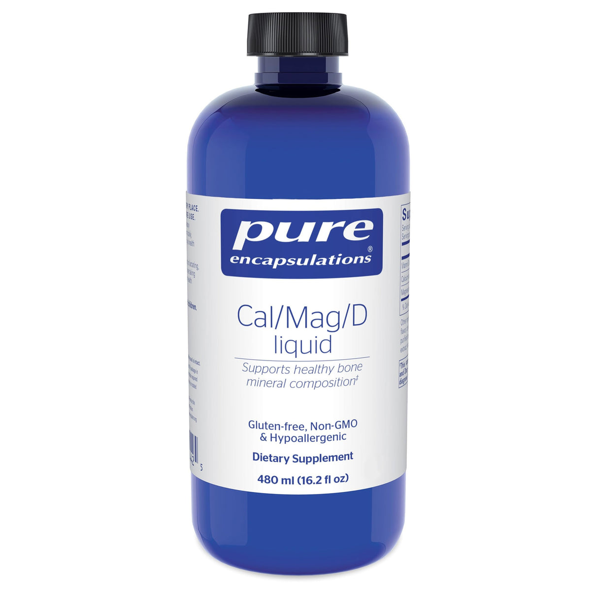Pure Encapsulations Cal/Mag/D Liquid bottle front for easy daily calcium support.