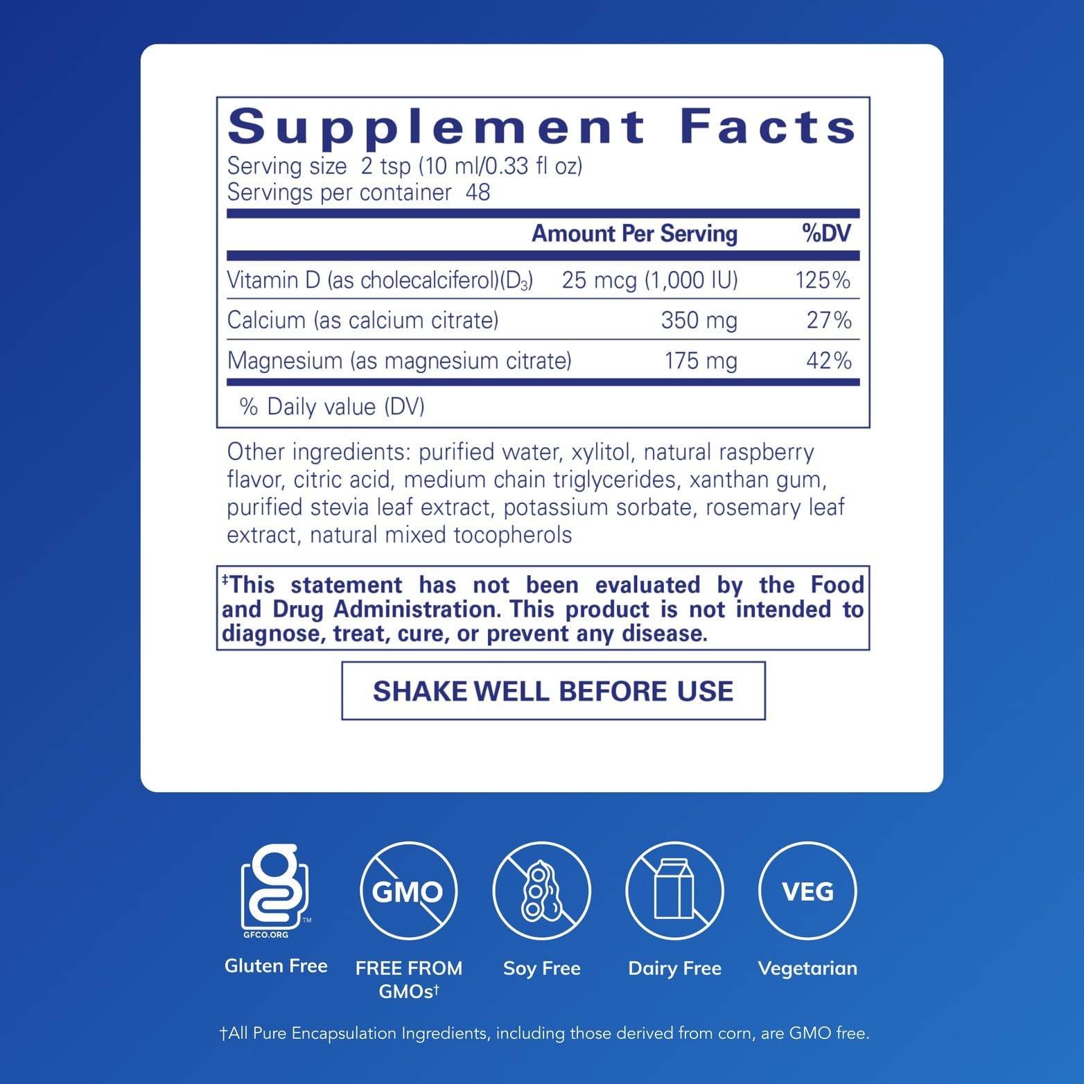 Pure Encapsulations Cal/Mag/D Liquid label closeup showing vitamin D3 content.