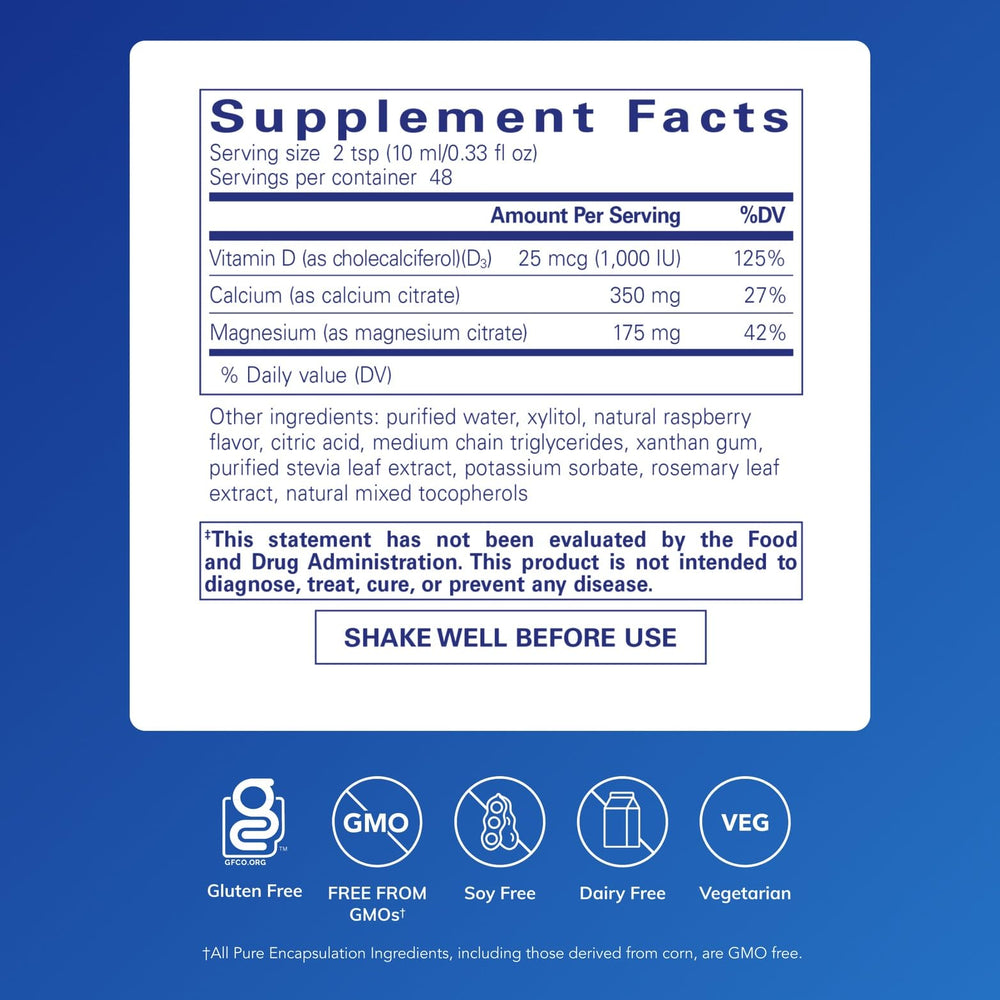 Pure Encapsulations Cal/Mag/D Liquid label closeup showing vitamin D3 content.