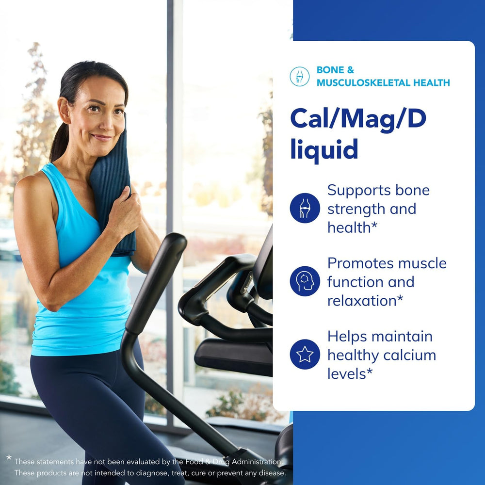 Pure Encapsulations Cal/Mag/D Liquid pouring into spoon for precise dosing.