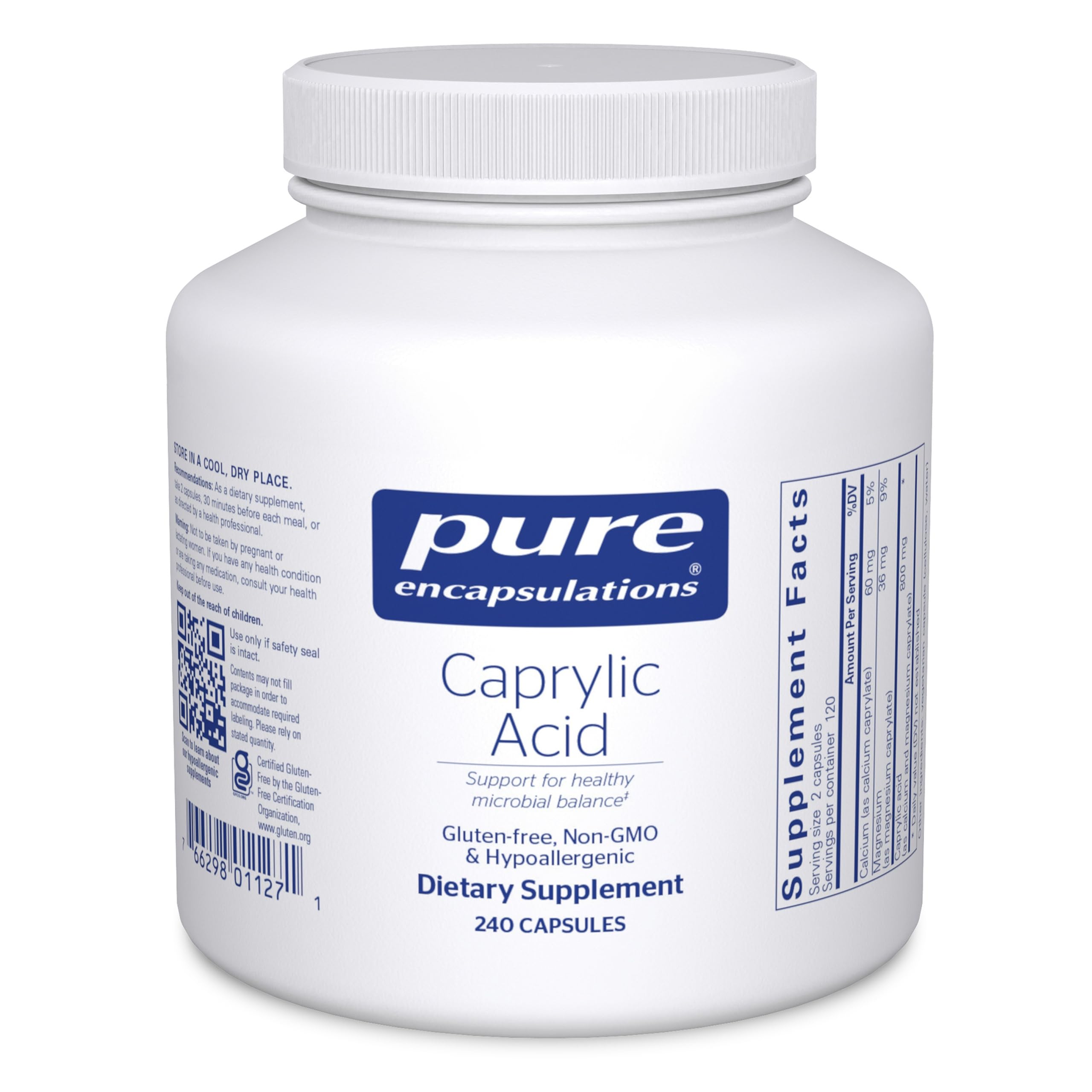 Pure Encapsulations Caprylic Acid bottle cap signaling premium GI support