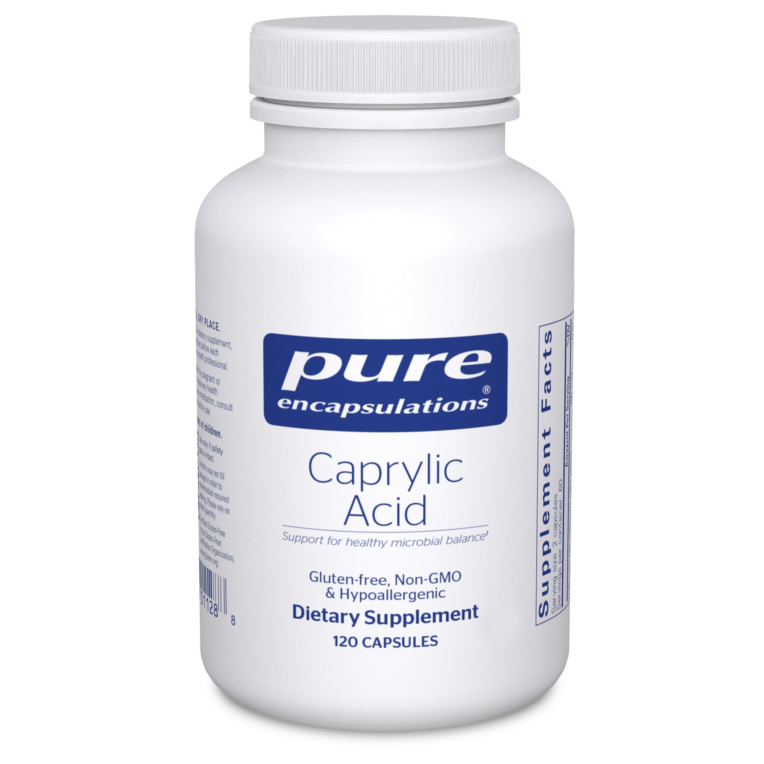 Pure Encapsulations Caprylic Acid bottle on shelf for daily gut support.