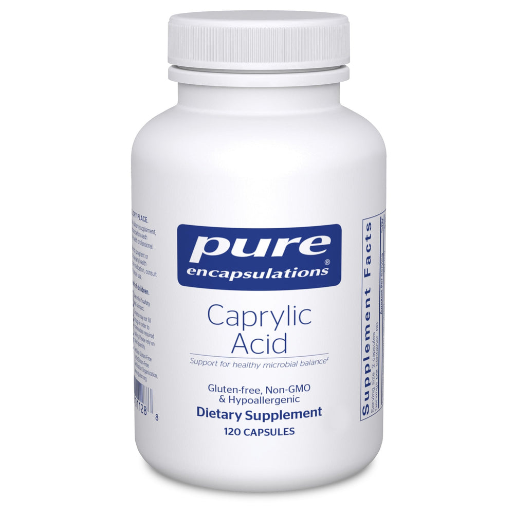 Pure Encapsulations Caprylic Acid bottle on shelf for daily gut support.