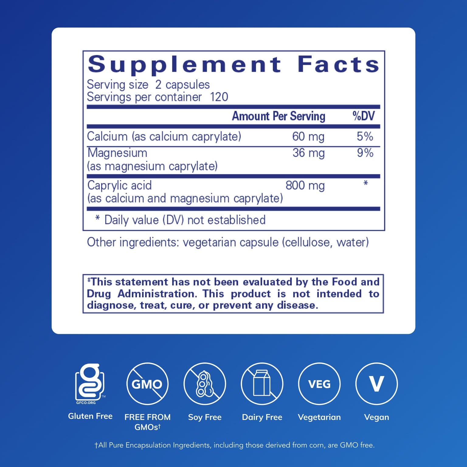 Pure Encapsulations Caprylic Acid capsules close-up for gut balance and digestibility