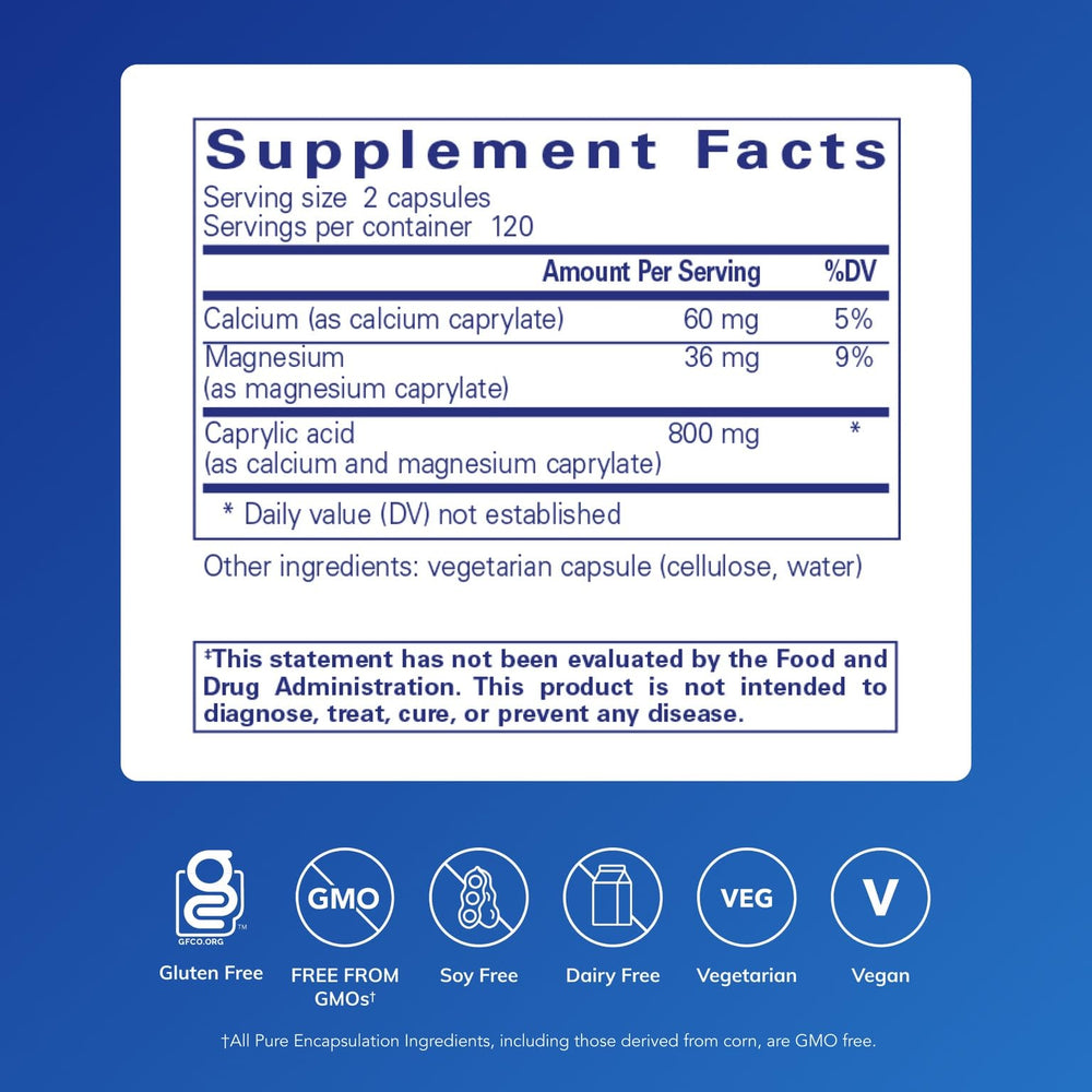 Pure Encapsulations Caprylic Acid capsules close-up for gut balance and digestibility