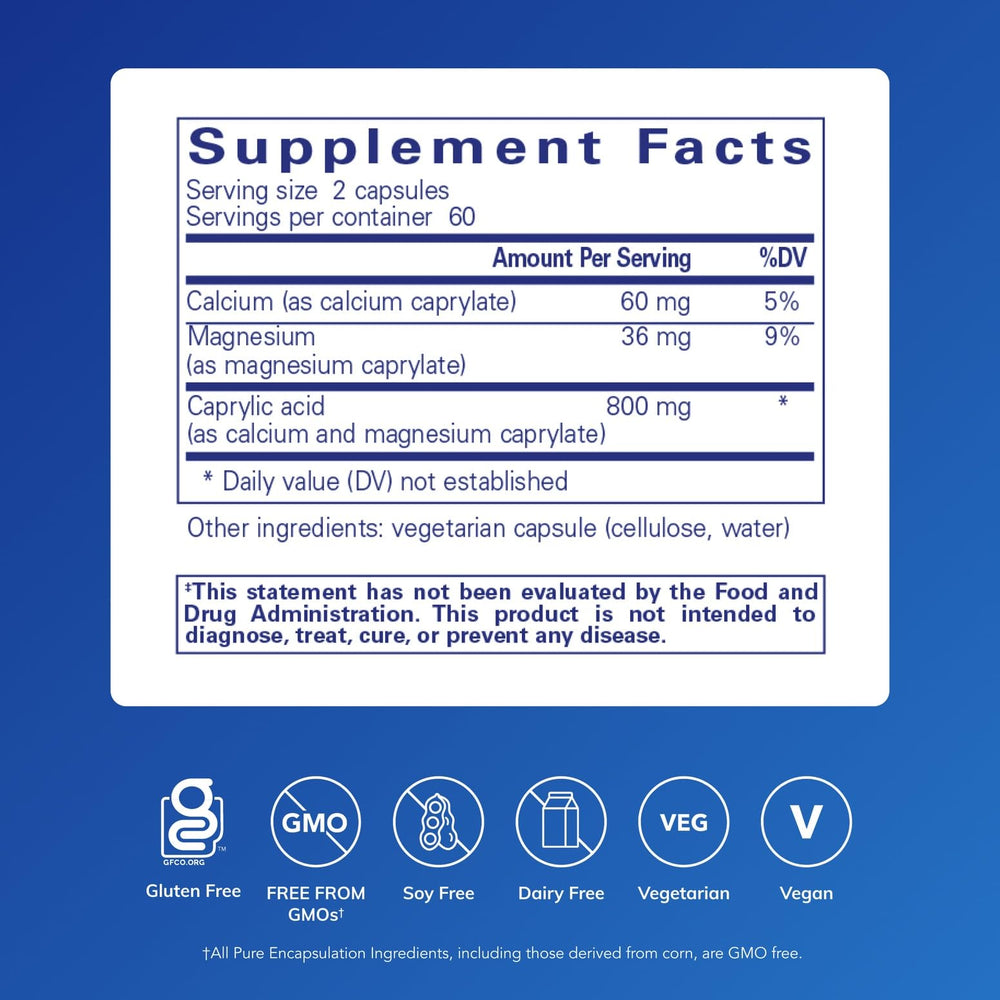 Pure Encapsulations Caprylic Acid capsules close-up for easy swallowing.