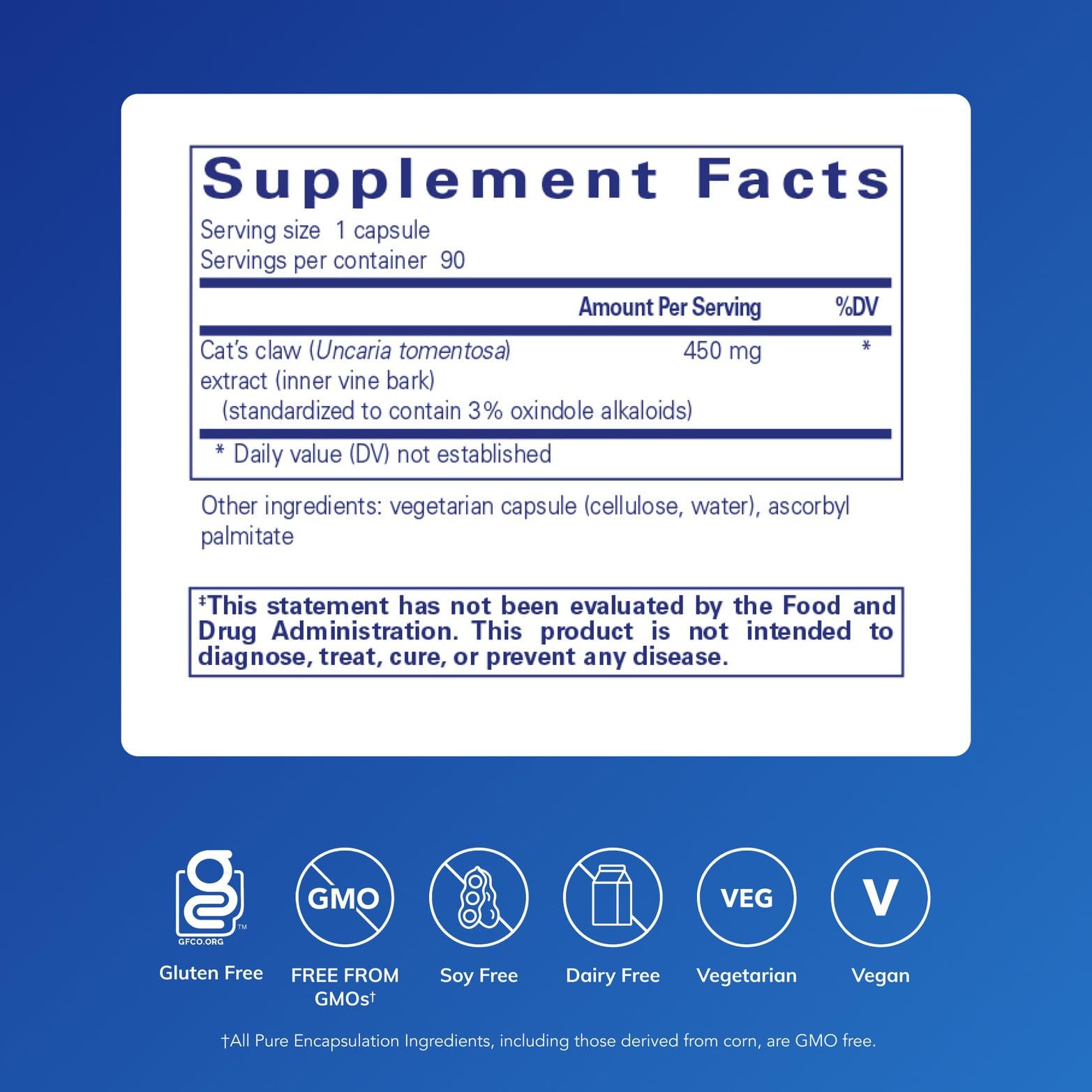 Pure Encapsulations Cats Claw bottle label emphasizing purity and trusted sourcing.