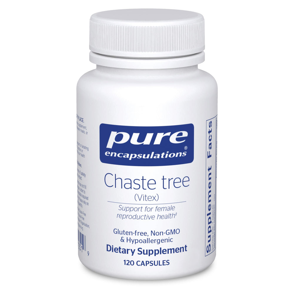 Pure Encapsulations Chaste Tree bottle showcasing 225 mg Vitex extract for hormonal balance