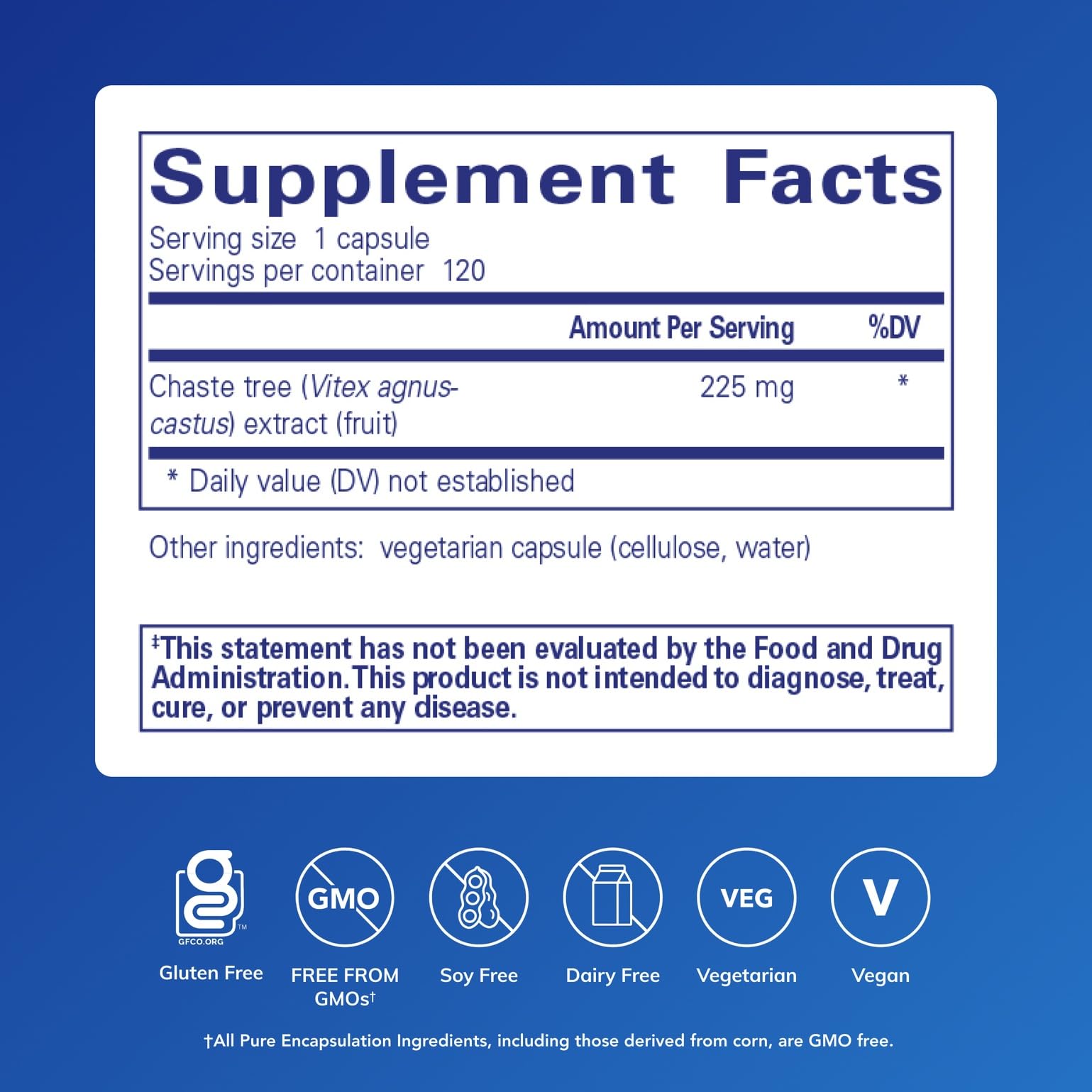 Pure Encapsulations label highlights Vitex chaste tree extract for natural hormonal support