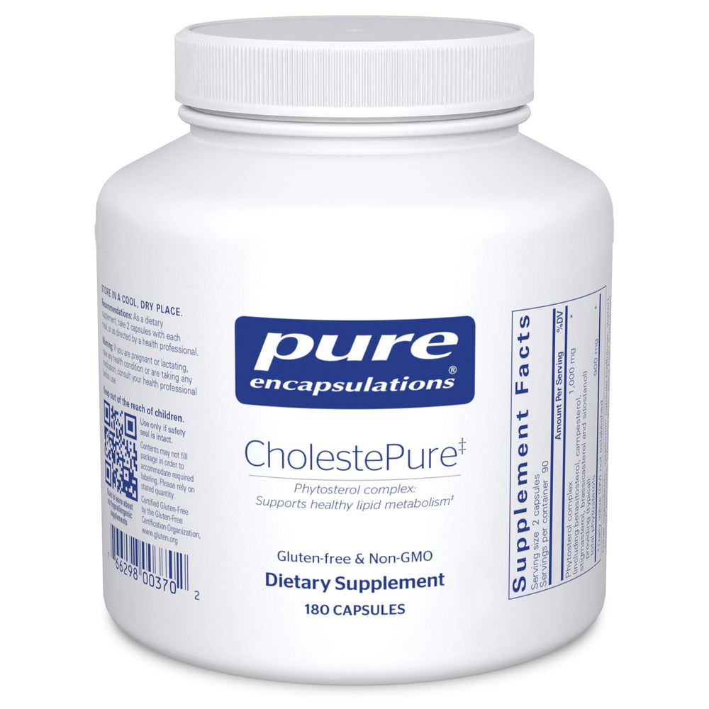 Pure Encapsulations CholestePure bottle front view highlighting the phytosterol complex for healthy lipid metabolism.