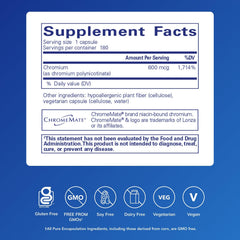 Pure Encapsulations ChromeMate GTF 600 label close-up highlighting chromium with nicotinic acid